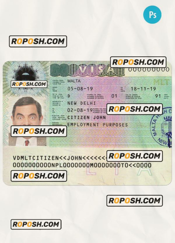 MALTA entry visa PSD template, fully editable scan effect