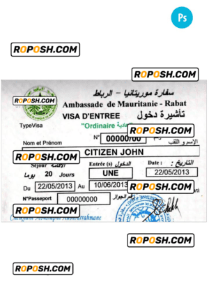 MAURITANIA – Rabat travel visa PSD template, completely editable, with fonts