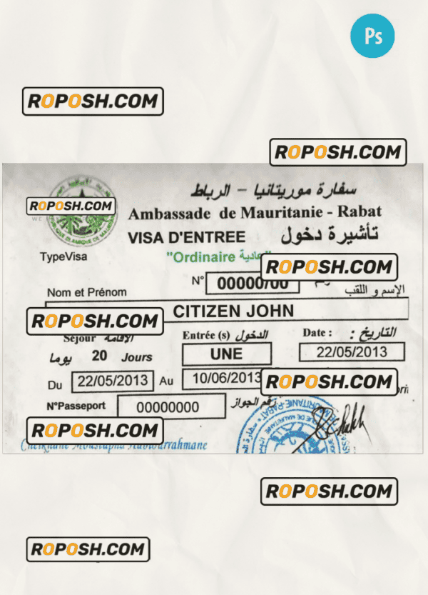 MAURITANIA – Rabat travel visa PSD template, completely editable, with fonts