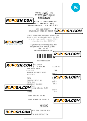MENARDS payment receipt PSD template