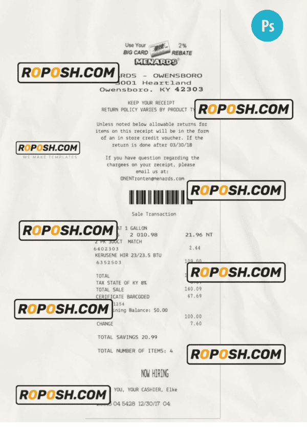 MENARDS payment receipt PSD template