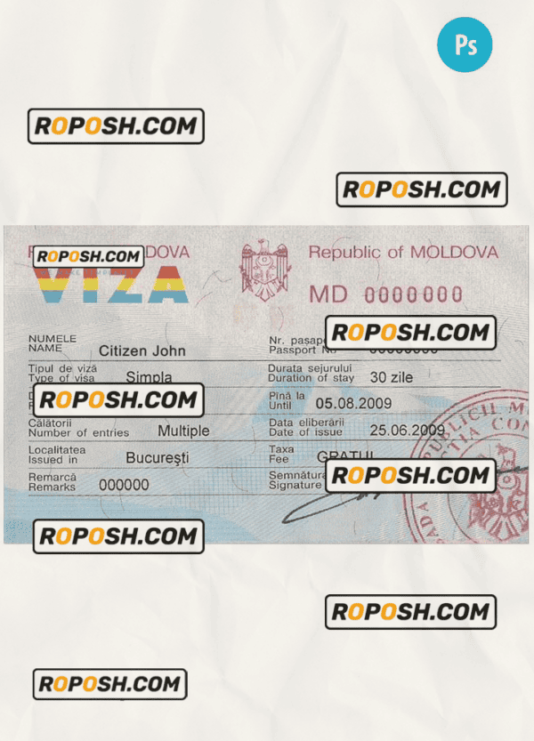 MOLDOVA entry visa PSD template, with fonts