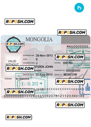 MONGOLIA travel visa PSD template, fully editable