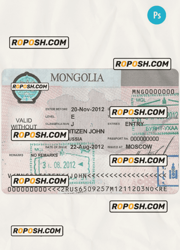 MONGOLIA travel visa PSD template, fully editable