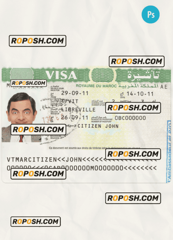 MOROCCO travel visa PSD template, completely editable, with fonts