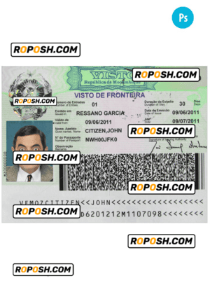 MOZAMBIQUE entry visa PSD template, with fonts