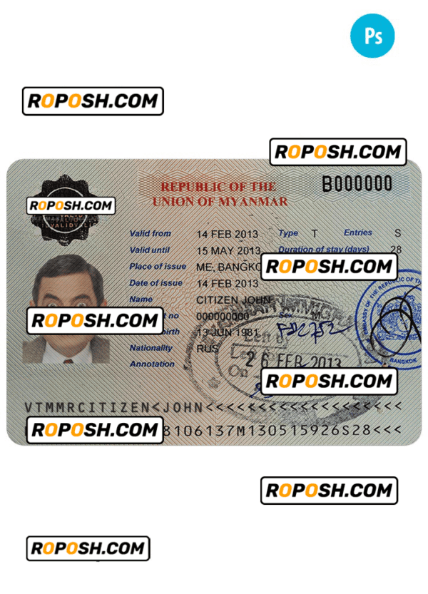 Myanmar travel visa PSD template, completely editable, with fonts