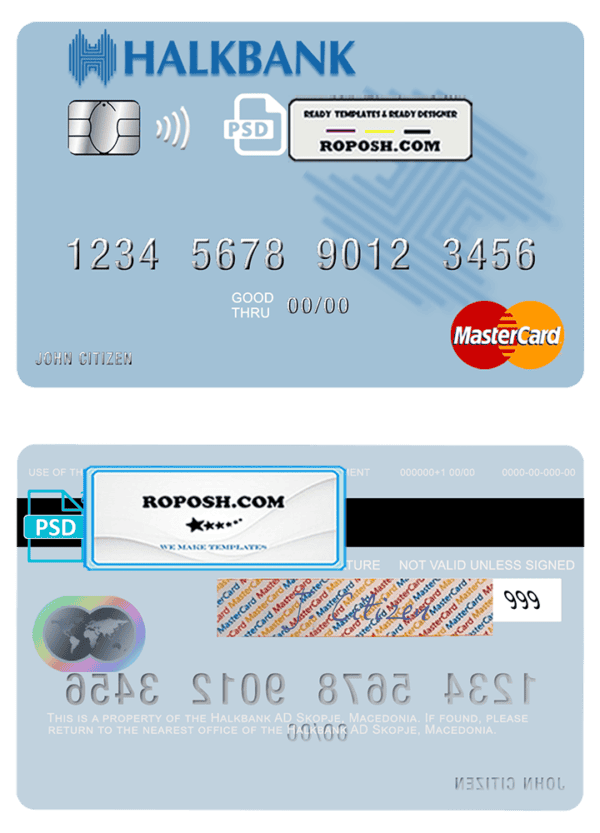 Macedonia Halkbank AD Skopje mastercard credit card template in PSD format