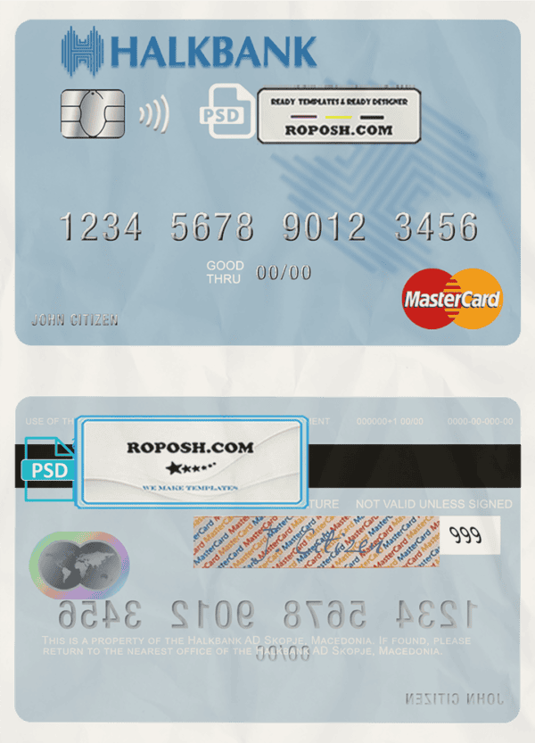 Macedonia Halkbank AD Skopje mastercard credit card template in PSD format