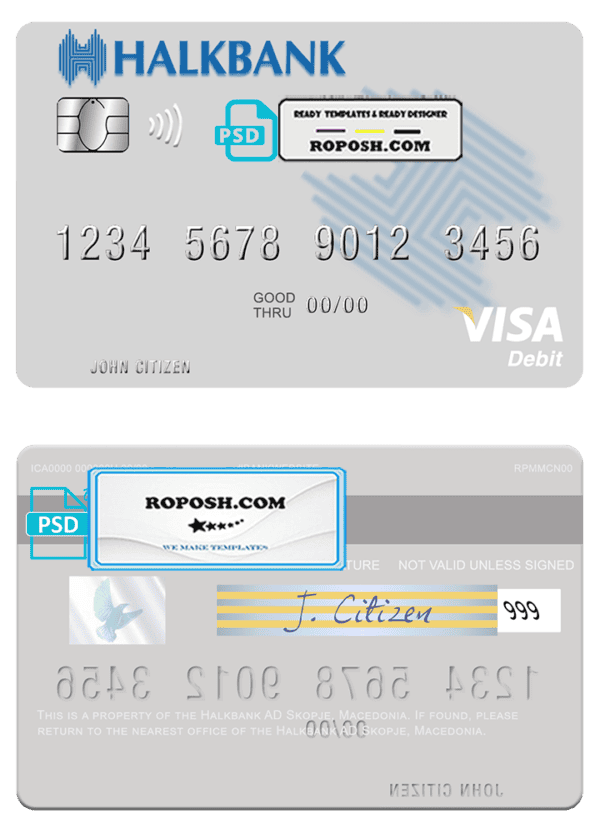 Macedonia Halkbank AD Skopje visa card fully editable template in PSD format