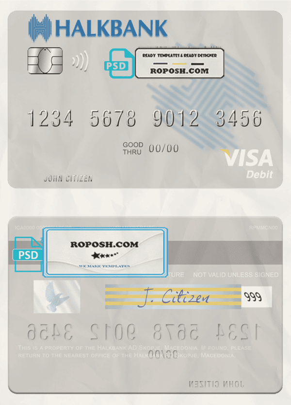 Macedonia Halkbank AD Skopje visa card fully editable template in PSD format