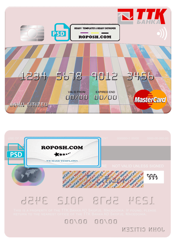 Macedonia TTK Banka AD Skopje mastercard credit card template in PSD format