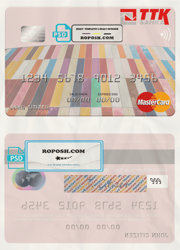 Macedonia TTK Banka AD Skopje mastercard credit card template in PSD format