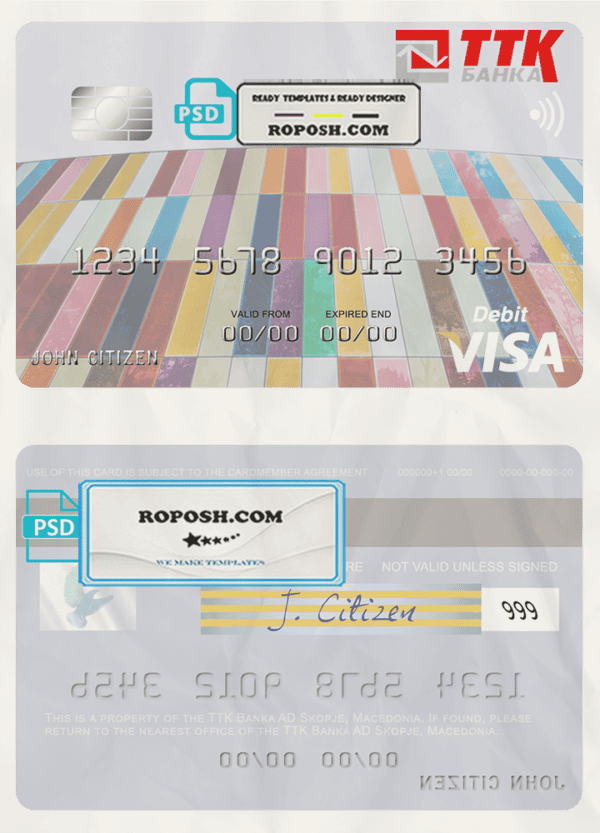 Macedonia TTK Banka AD Skopje visa card fully editable template in PSD format