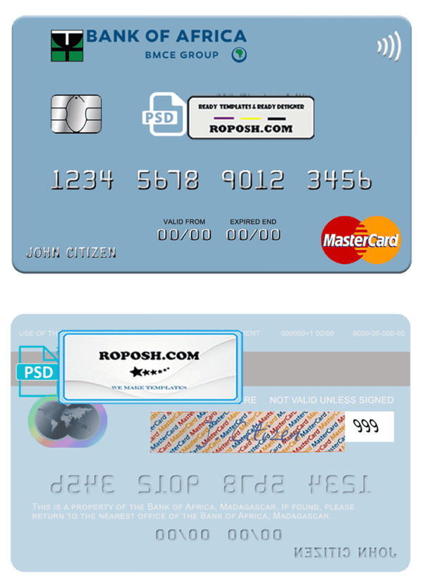 Madagascar Bank of Africa mastercard credit card template in PSD format