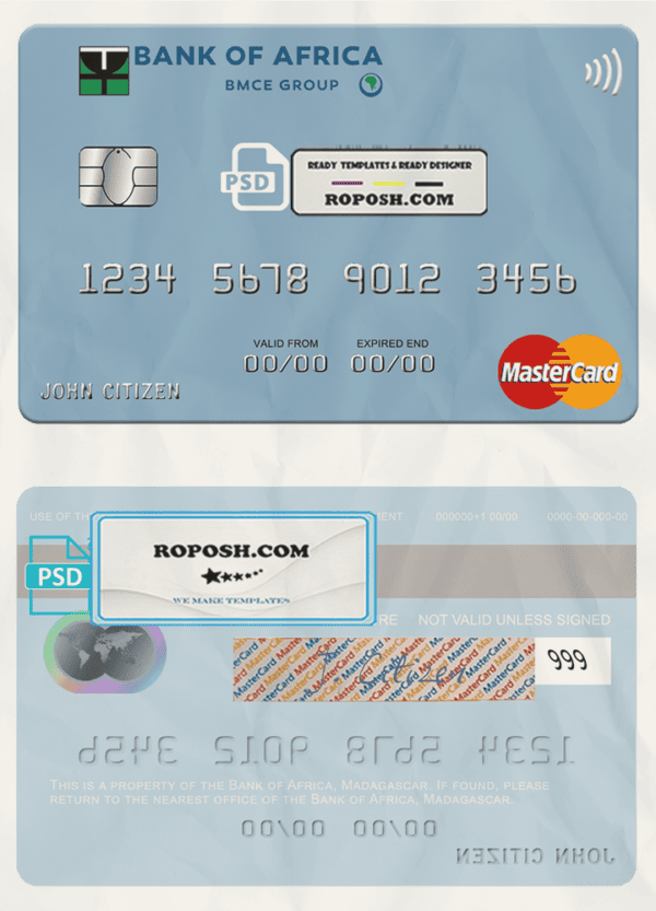 Madagascar Bank of Africa mastercard credit card template in PSD format