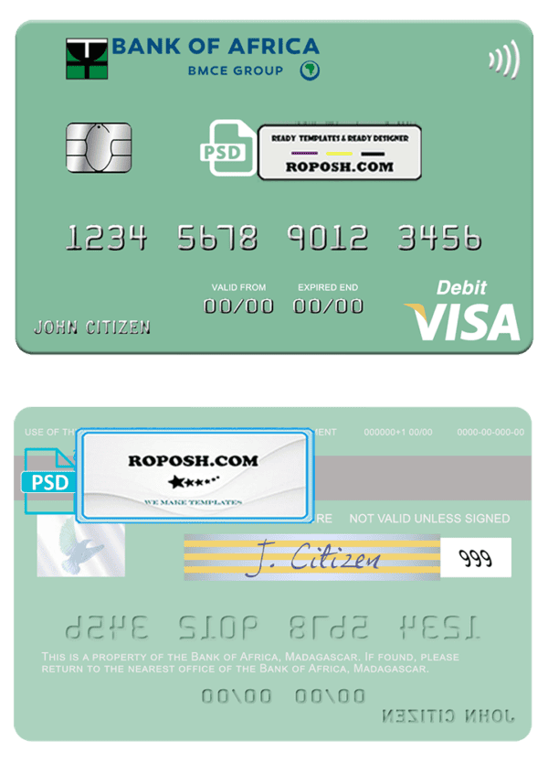 Madagascar Bank of Africa visa credit card template in PSD format