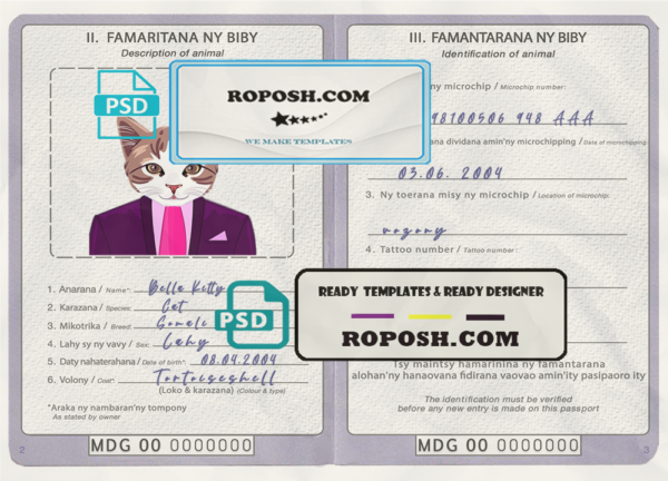 Madagascar cat (animal, pet) passport PSD template, fully editable scan effect