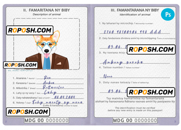 Madagascar dog (animal, pet) passport PSD template, fully editable