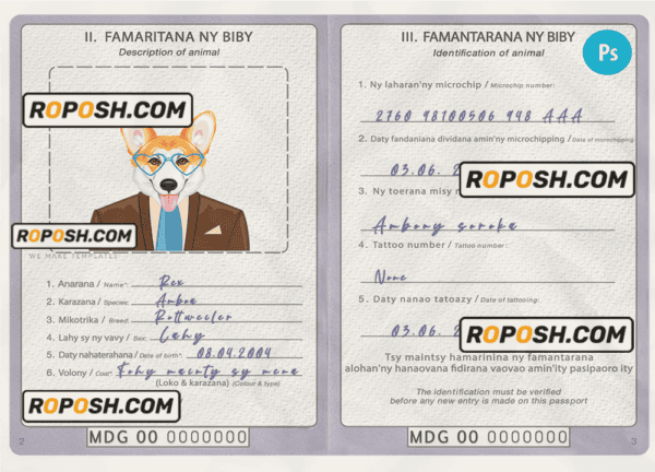 Madagascar dog (animal, pet) passport PSD template, fully editable