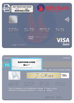 Malawi NBS Bank visa card fully editable template in PSD format