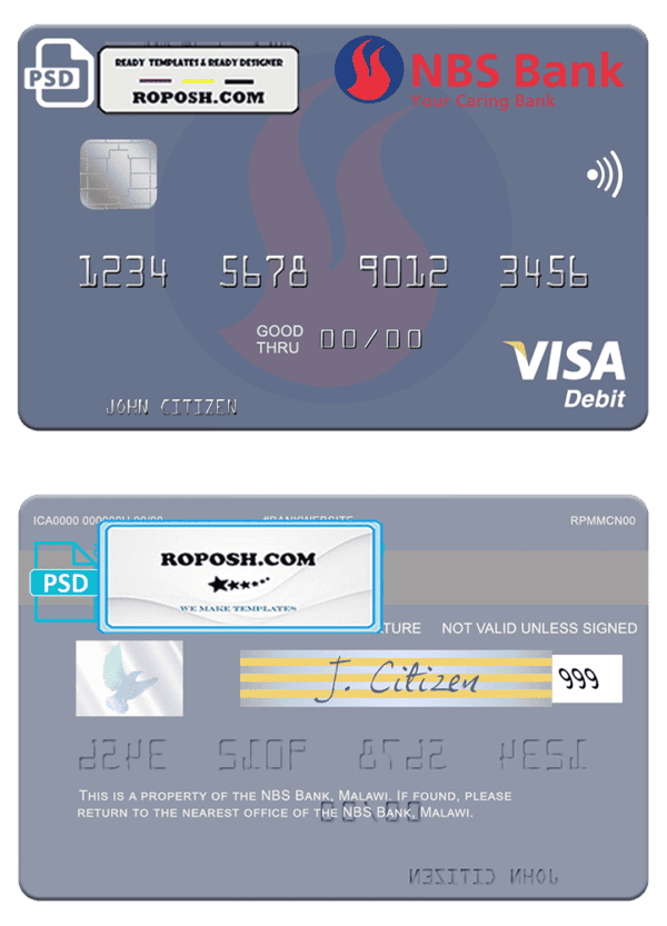 Malawi NBS Bank visa card fully editable template in PSD format