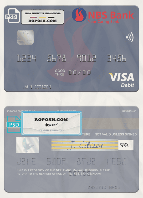 Malawi NBS Bank visa card fully editable template in PSD format