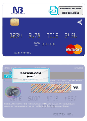 Malawi National Bank mastercard credit card template in PSD format