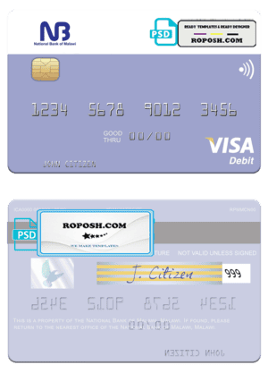 Malawi National Bank visa card fully editable template in PSD format