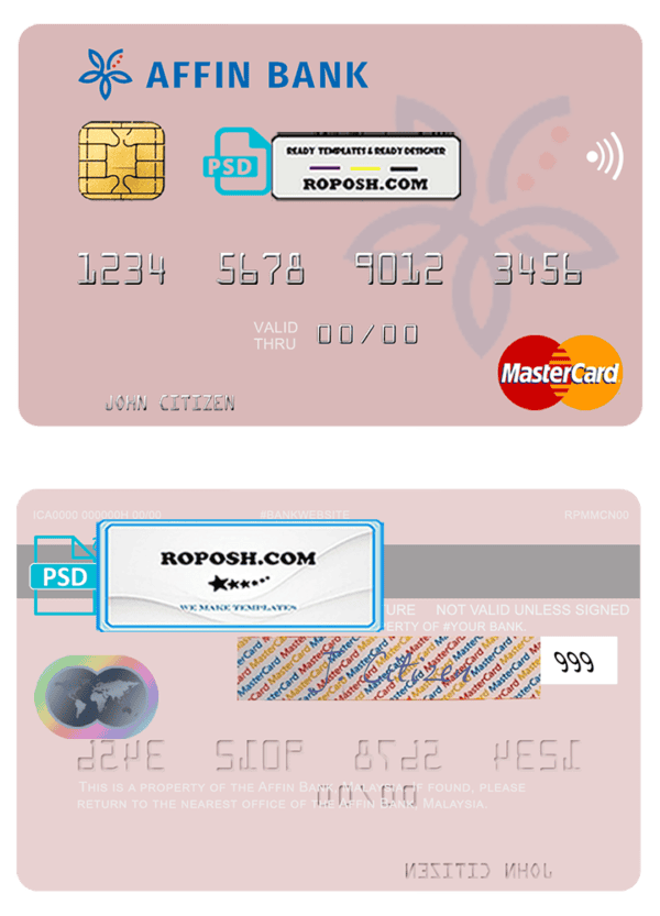 Malaysia Affin bank mastercard credit card template in PSD format