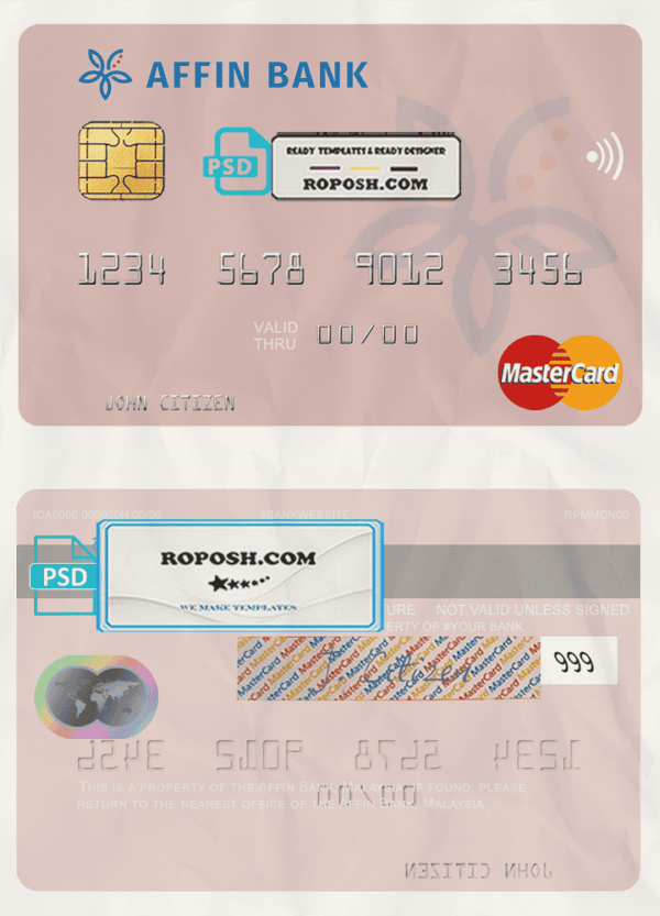 Malaysia Affin bank mastercard credit card template in PSD format