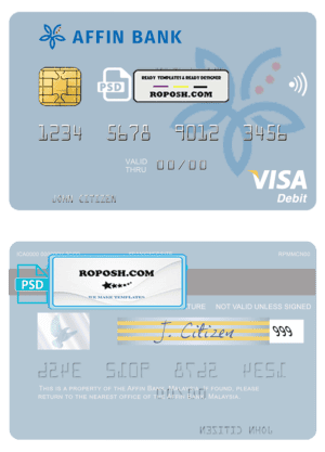 Malaysia Affin Bank visa card fully editable template in PSD format