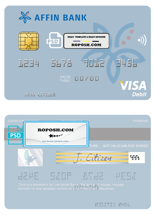 Malaysia Affin Bank visa card fully editable template in PSD format