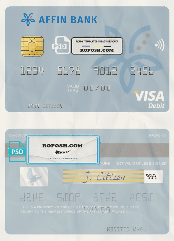 Malaysia Affin Bank visa card fully editable template in PSD format