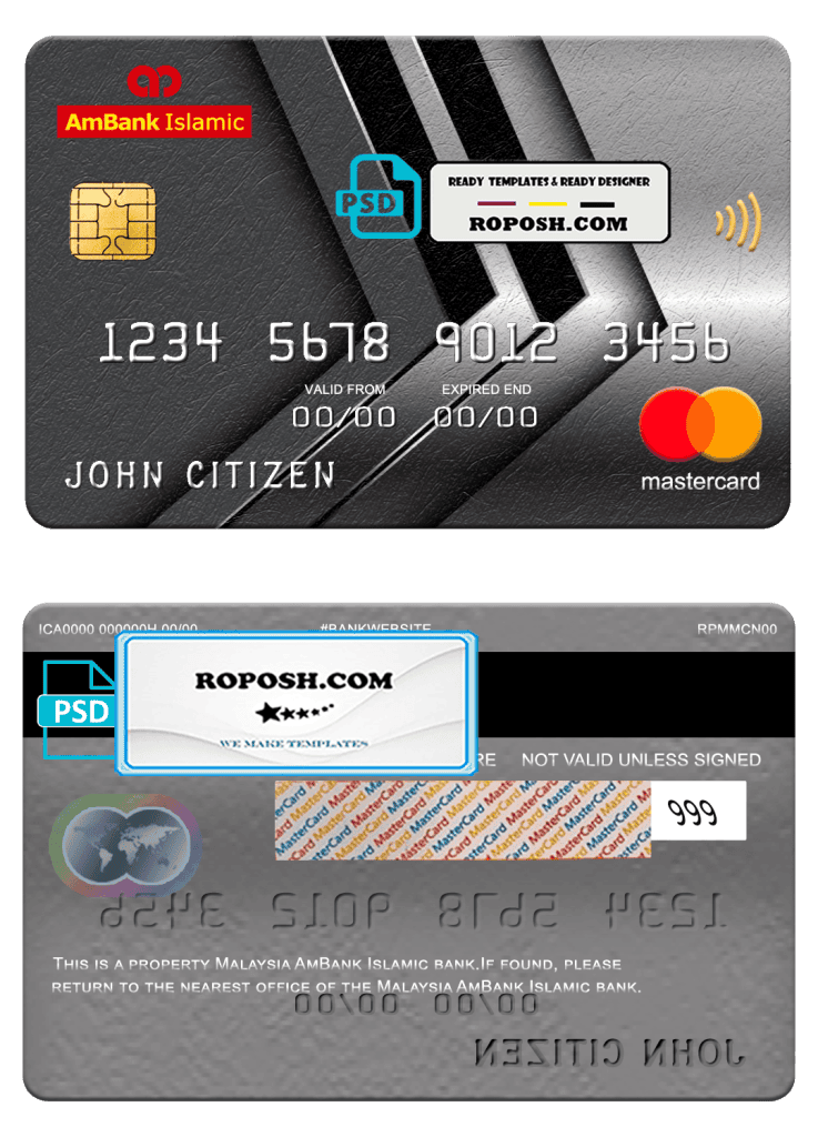Malaysia AmBank Islamic bank mastercard, fully editable template in PSD