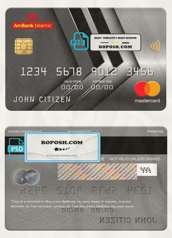 Malaysia AmBank Islamic bank mastercard, fully editable template in PSD format