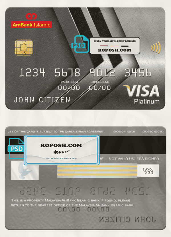 Malaysia AmBank Islamic bank visa platinum card, fully editable template in PSD format