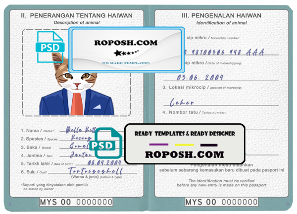 Malaysia cat (animal, pet) passport PSD template, completely editable