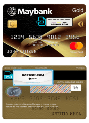 Malaysia Maybank mastercard gold, fully editable template in PSD format