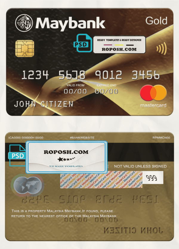 Malaysia Maybank mastercard gold, fully editable template in PSD format