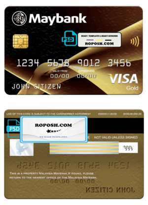 Malaysia Maybank visa gold card, fully editable template in PSD format