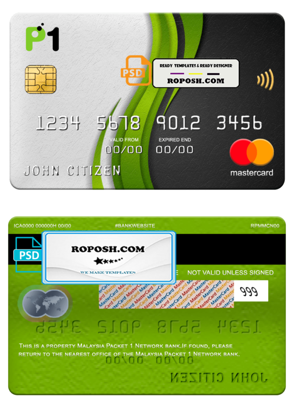 Malaysia Packet 1 Network bank mastercard, fully editable template in PSD format