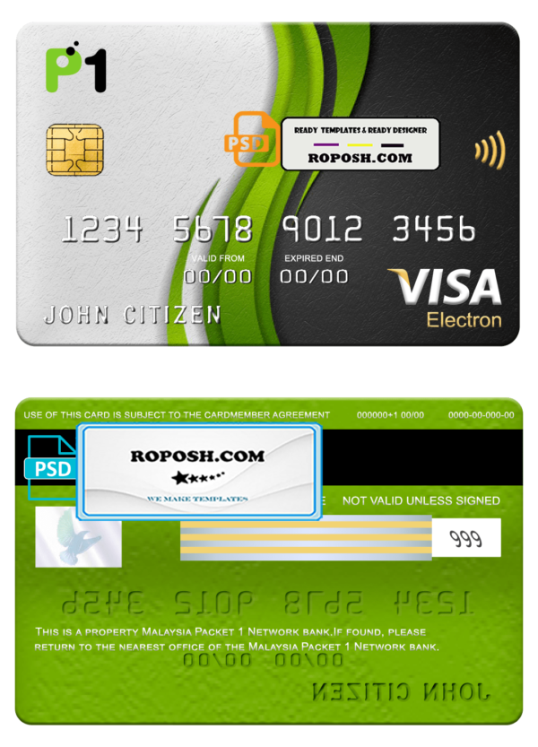 Malaysia Packet 1 Network bank visa electron card, fully editable template in PSD format