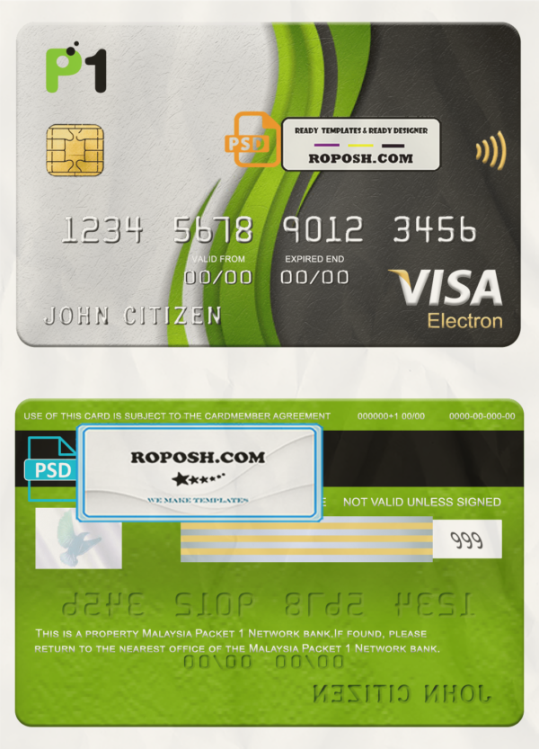 Malaysia Packet 1 Network bank visa electron card, fully editable template in PSD format scan effect