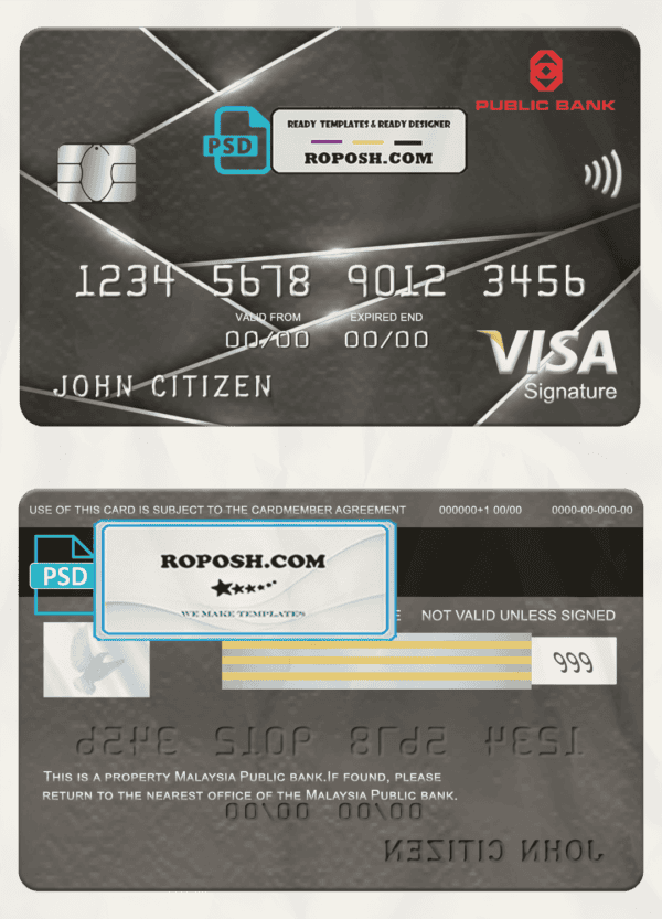 Malaysia Public bank visa signature card, fully editable template in PSD format