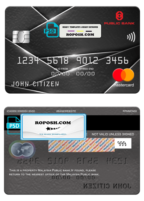 Malaysia Public bank mastercard, fully editable template in PSD format