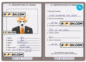 Maldives dog (animal, pet) passport PSD template, fully editable