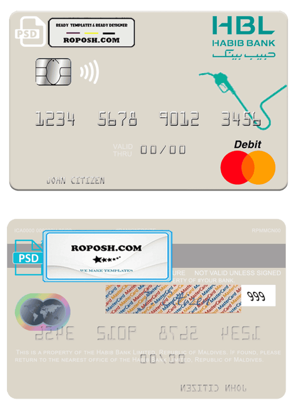 Maldives Habib Bank Limited mastercard credit card template in PSD format