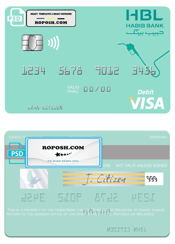 Maldives Habib Bank Limited visa card fully editable template in PSD format