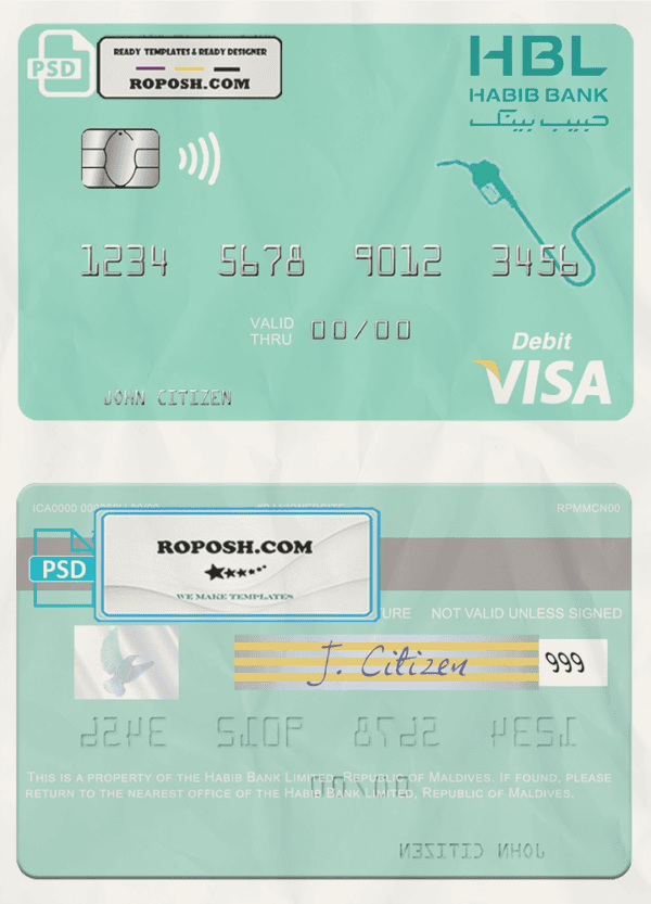 Maldives Habib Bank Limited visa card fully editable template in PSD format